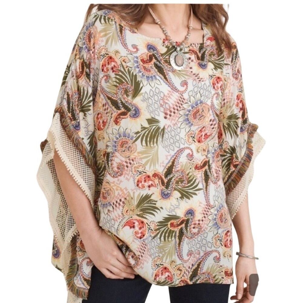 Chico's Tropical Paisley Print Poncho Mesh & Fringe‎ Trim Size S/M Resort Travel